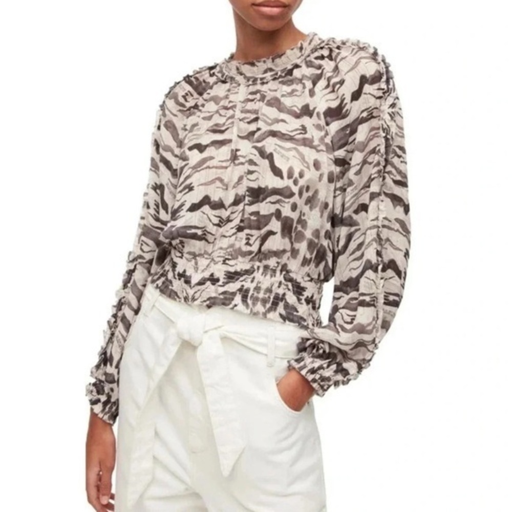 AllSaints Thallo Oniyuri Ruffle Smocked Top - Striped Patterned Blouse Sz 6